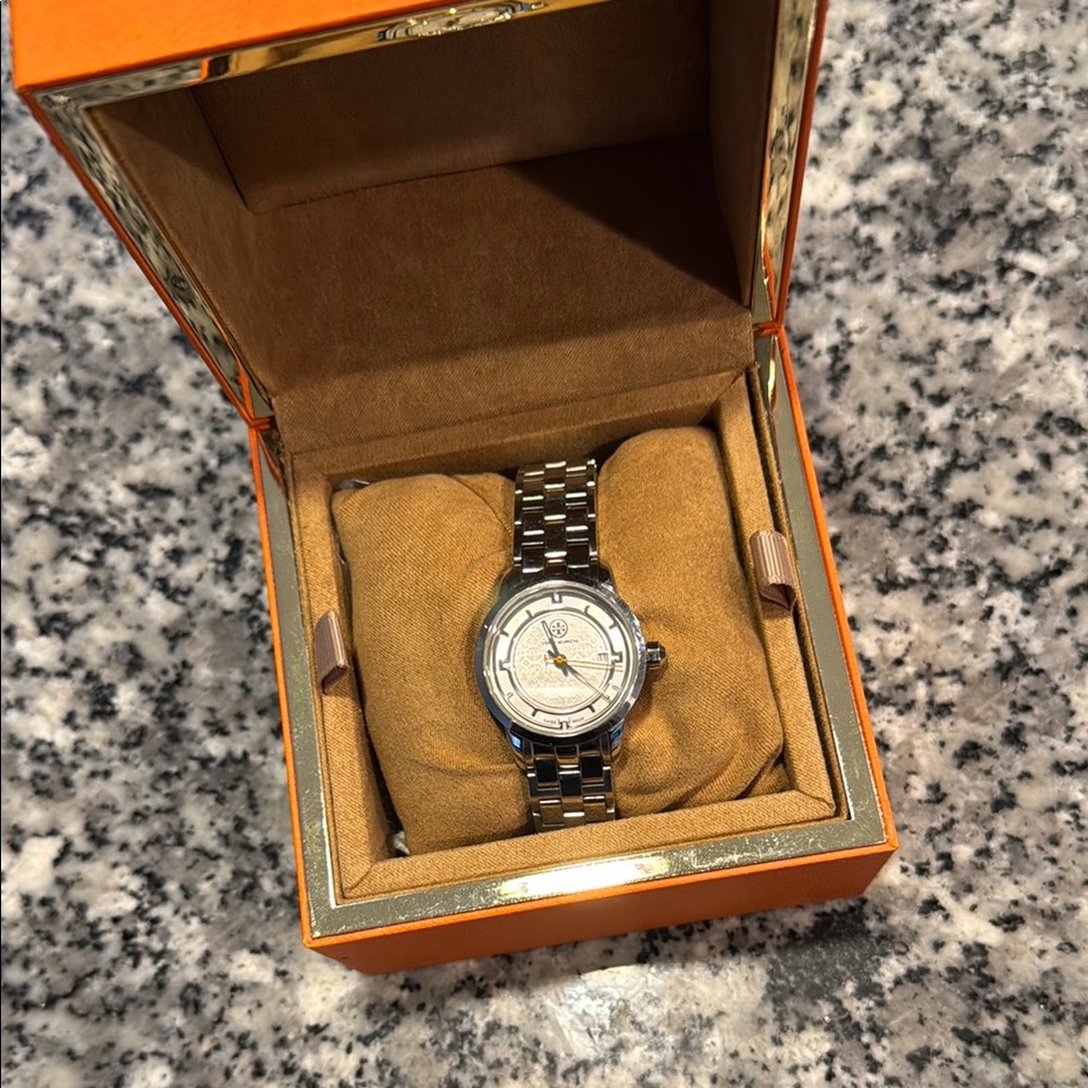 Tory Burch Silver and White Woven Bracelet Watch